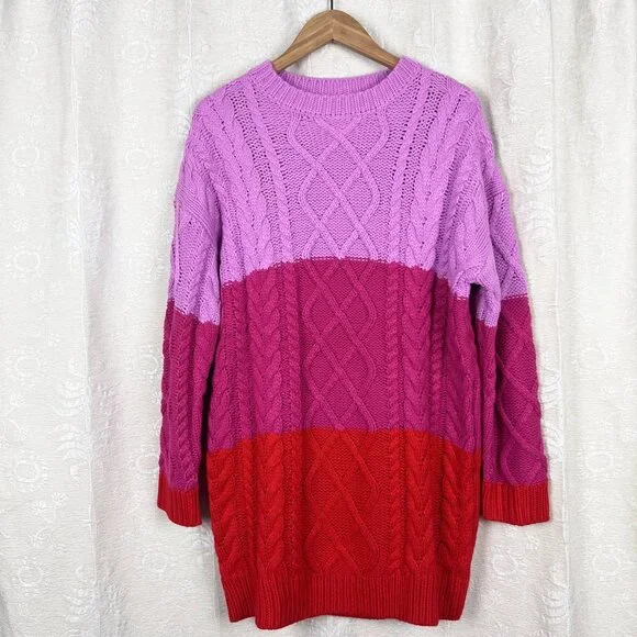 Hyacinth House Scarlett pink red colorblock chunky sweater dress Tuckernuck M - Picture 3 of 10